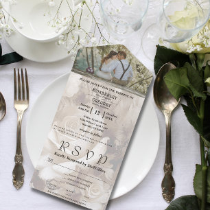 Elegant White Cream Roses Floral Photo Website All In One Invitation