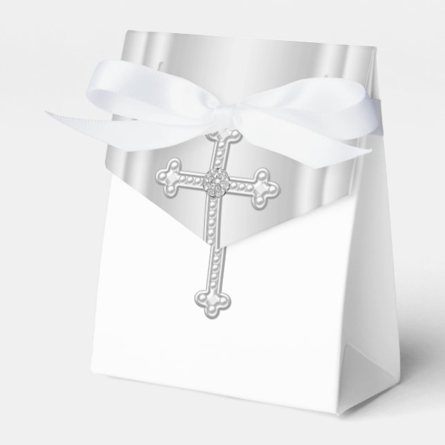 Elegant White Cross First Communion Favor Box (Front Side)