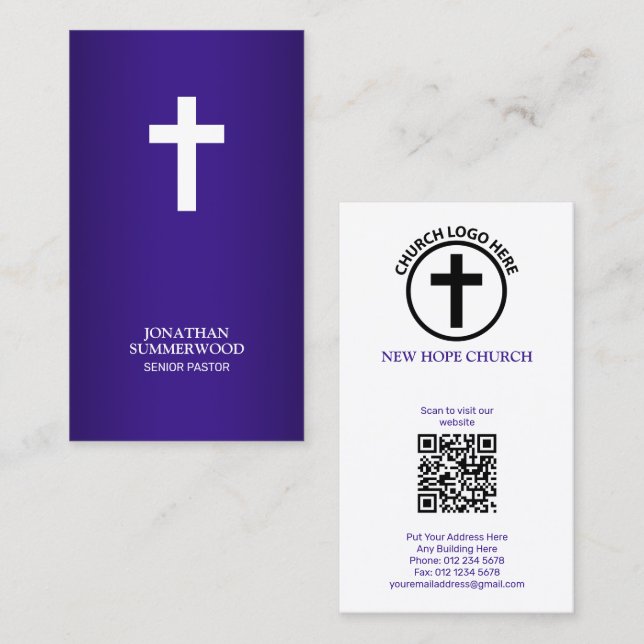 Elegant White Cross Purple Name Card for Pastor (Front/Back)