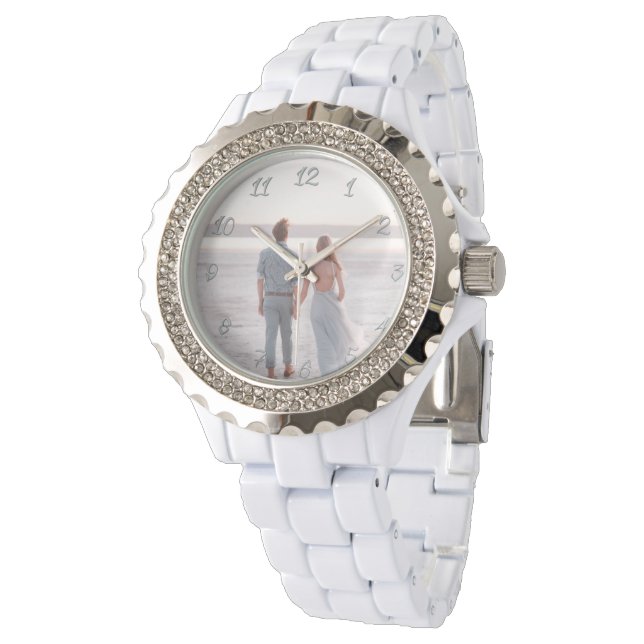 Elegant White Crystals Customizable Photo Gift Watch (Angled)