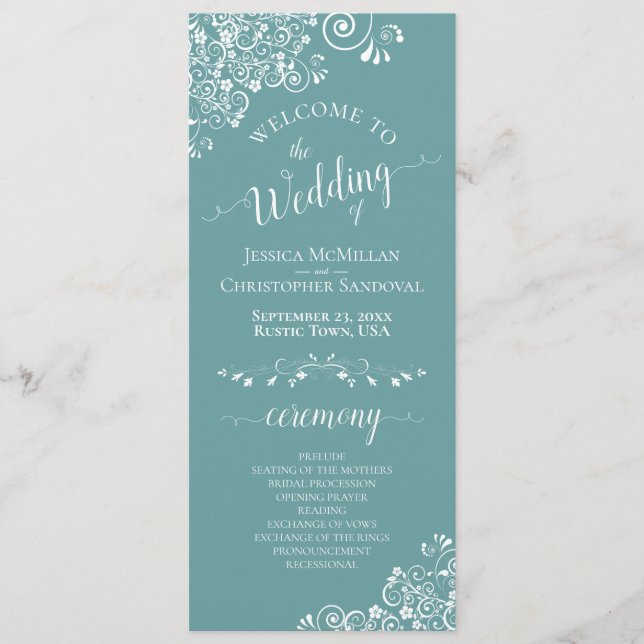Elegant White Curls on Aqua Teal Fancy Wedding Program (Front)