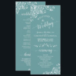 Elegant White Curls on Aqua Teal Fancy Wedding Program<br><div class="desc">This beautiful wedding program features an elegant design with white text on a teal, turquoise, or aqua coloured background and lacy white curls and swirls in the corners. The titles are written in fancy script calligraphy, and there is space for your ceremony and wedding party details, as well as a...</div>