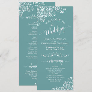 Elegant White Curls on Aqua Teal Fancy Wedding Program