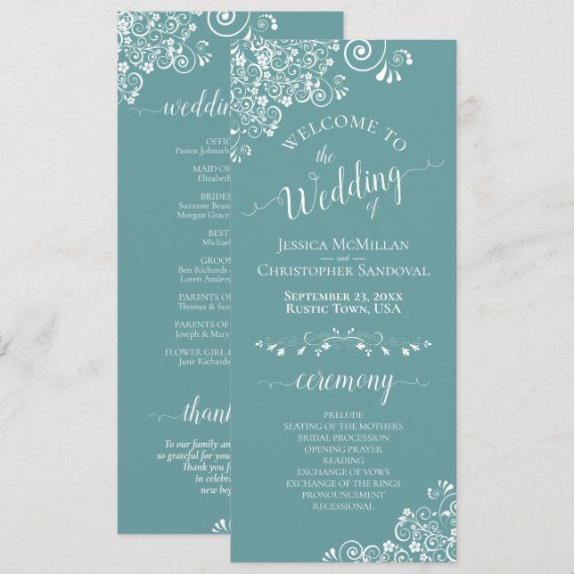 Elegant White Curls on Aqua Teal Fancy Wedding Program (Front/Back)