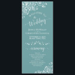 Elegant White Curls on Aqua Teal Fancy Wedding Program<br><div class="desc">This beautiful wedding program features an elegant design with white text on a teal, turquoise, or aqua coloured background and lacy white curls and swirls in the corners. The titles are written in fancy script calligraphy, and there is space for your ceremony and wedding party details, as well as a...</div>