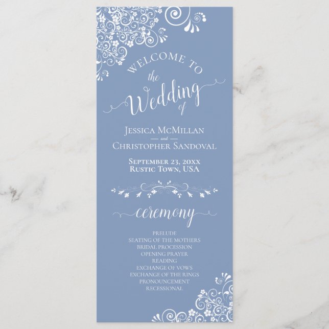 Elegant White Curls on Dusty Blue Fancy Wedding Program (Front)