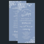 Elegant White Curls on Dusty Blue Fancy Wedding Program<br><div class="desc">This beautiful wedding program features an elegant design with white text on a dusty blue or periwinkle coloured background and lacy white curls and swirls in the corners. The titles are written in fancy script calligraphy, and there is space for your ceremony and wedding party details, as well as a...</div>