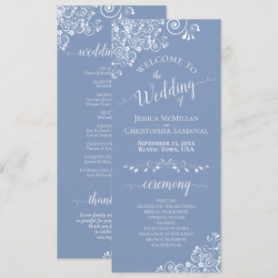 Elegant White Curls on Dusty Blue Fancy Wedding Program