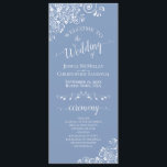 Elegant White Curls on Dusty Blue Fancy Wedding Program<br><div class="desc">This beautiful wedding program features an elegant design with white text on a dusty blue or periwinkle coloured background and lacy white curls and swirls in the corners. The titles are written in fancy script calligraphy, and there is space for your ceremony and wedding party details, as well as a...</div>