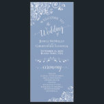 Elegant White Curls on Dusty Blue Fancy Wedding Program<br><div class="desc">This beautiful wedding program features an elegant design with white text on a dusty blue or periwinkle coloured background and lacy white curls and swirls in the corners. The titles are written in fancy script calligraphy, and there is space for your ceremony and wedding party details, as well as a...</div>