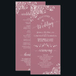 Elegant White Curls on Dusty Rose Fancy Wedding Program<br><div class="desc">This beautiful wedding program features an elegant design with white text on a dusty rose or mauve pink coloured background and lacy white curls and swirls in the corners. The titles are written in fancy script calligraphy, and there is space for your ceremony and wedding party details, as well as...</div>