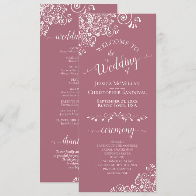 Elegant White Curls on Dusty Rose Fancy Wedding Program (Front/Back)