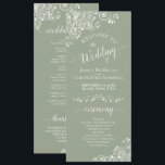 Elegant White Curls on Sage Green Fancy Wedding Program<br><div class="desc">This beautiful wedding program features an elegant design with white text on a sage green background and lacy white curls and swirls in the corners. The titles are written in fancy script calligraphy, and there is space for your ceremony and wedding party details, as well as a short thank you...</div>