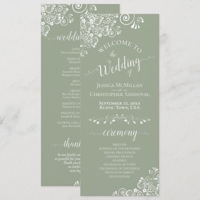 Elegant White Curls on Sage Green Fancy Wedding Program (Front/Back)
