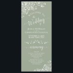 Elegant White Curls on Sage Green Fancy Wedding Program<br><div class="desc">This beautiful wedding program features an elegant design with white text on a sage green background and lacy white curls and swirls in the corners. The titles are written in fancy script calligraphy, and there is space for your ceremony and wedding party details, as well as a short thank you...</div>