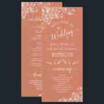 Elegant White Curls on Terracotta Coral Wedding Program<br><div class="desc">This beautiful wedding program features an elegant design with white text on a terracotta, coral, or light orange coloured background and lacy white curls and swirls in the corners. The titles are written in fancy script calligraphy, and there is space for your ceremony and wedding party details, as well as...</div>