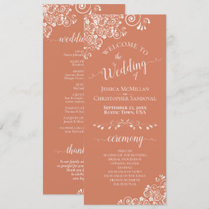 Elegant White Curls on Terracotta Coral Wedding Program