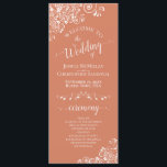 Elegant White Curls on Terracotta Coral Wedding Program<br><div class="desc">This beautiful wedding program features an elegant design with white text on a terracotta, coral, or light orange coloured background and lacy white curls and swirls in the corners. The titles are written in fancy script calligraphy, and there is space for your ceremony and wedding party details, as well as...</div>