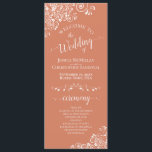 Elegant White Curls on Terracotta Coral Wedding Program<br><div class="desc">This beautiful wedding program features an elegant design with white text on a terracotta, coral, or light orange coloured background and lacy white curls and swirls in the corners. The titles are written in fancy script calligraphy, and there is space for your ceremony and wedding party details, as well as...</div>
