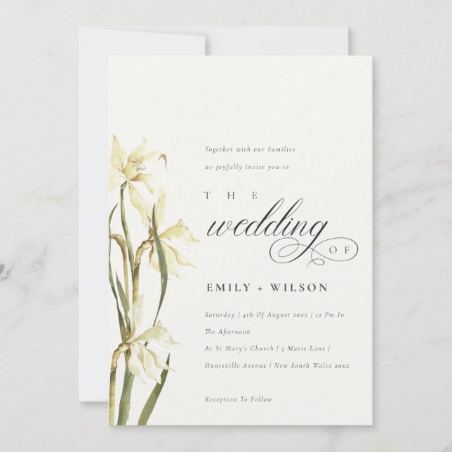 Elegant White Daffodil Watercolor Wedding Invite (Front)
