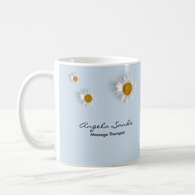 Elegant white daisies blue coffee mug (Left)