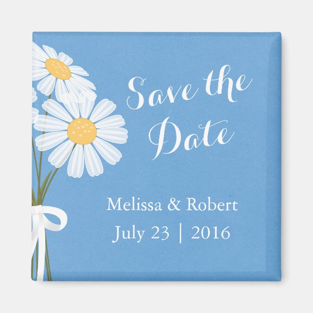 Elegant White Daisies Blue Save the Date Wedding Magnet (Front)