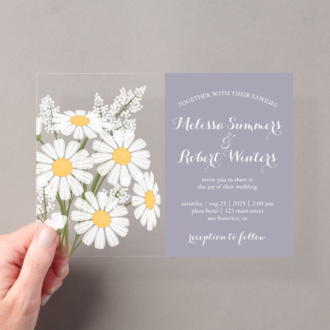 Elegant White Daisies Bouquet Wedding Lavender Acrylic Invitations (Insitu (Handheld))