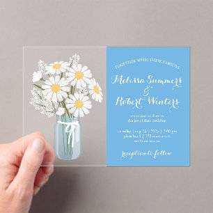 Elegant White Daisies Mason Jar Wedding Blue Acrylic Invitations