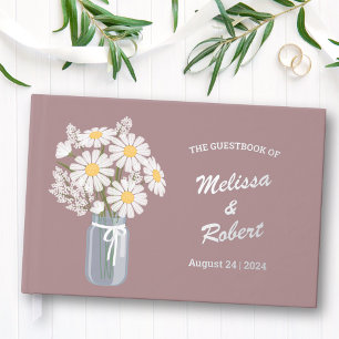 Elegant White Daisies Mason Jar Wedding Foil Pink Guest Book