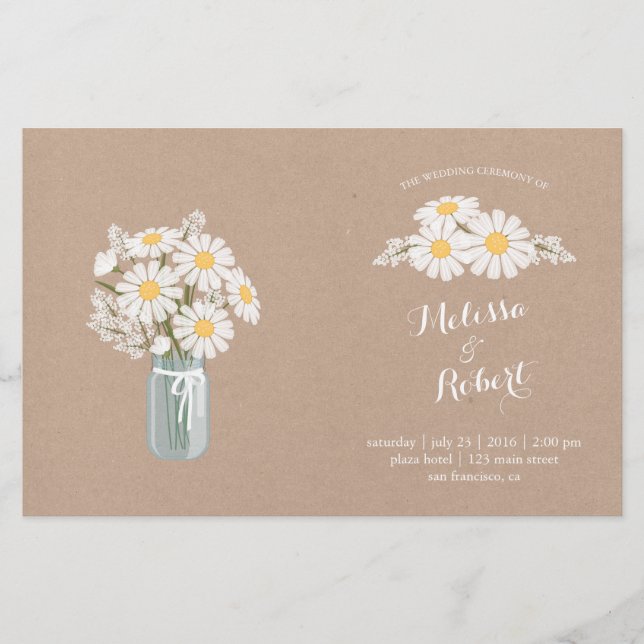 Elégant White Daisies Mason Jar Wedding Programme  (Devant)