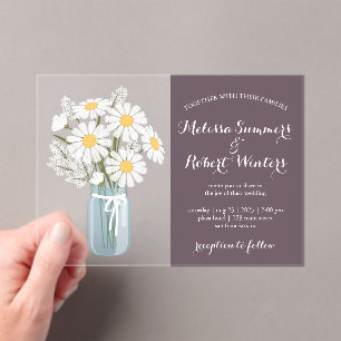 Elegant White Daisies Mason Jar Wedding Purple Acrylic Invitations