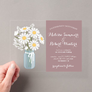 Elegant White Daisies Mason Jar Wedding Rosy Brown Acrylic Invitations