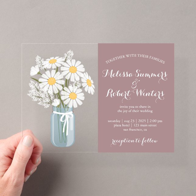 Elegant White Daisies Mason Jar Wedding Rosy Brown Acrylic Invitations (Insitu (Handheld))