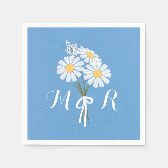Elegant White Daisies on Blue Monogram Wedding Napkin (Front)