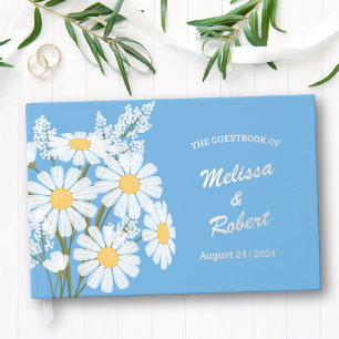 Elegant White Daisies Rustic Wedding Foil Blue Guest Book