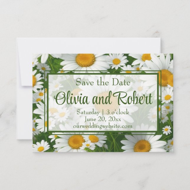 Elegant white daisies white floral fields greenery save the date (Front)