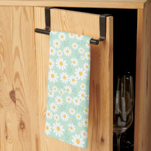 Elegant White Daisy Flowers Pastel Teal Easter Kitchen Towel