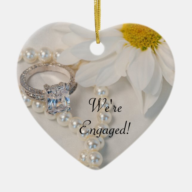 Elegant White Daisy We're Engaged Ceramic Ornament (Front)