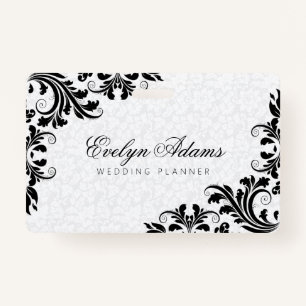 Elegant White Damask & Black Lace Badge