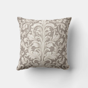 Elegant White Damask Fabric with Swirling Vines Throw Pillow