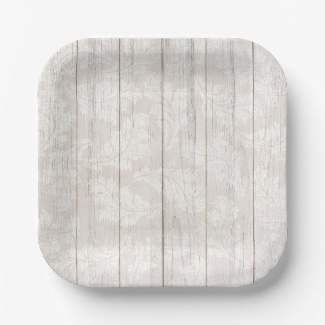 Elegant White Damask Leaf Botanical Rustic Wood Paper Plate (Front)