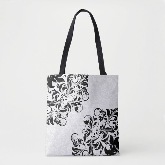 Elegant White Damasks & Black Floral Lace Tote Bag
