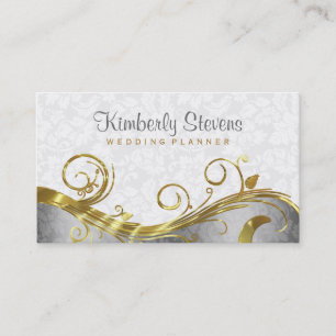 Elegant White Damasks Gold & Silver Swirls Business Card