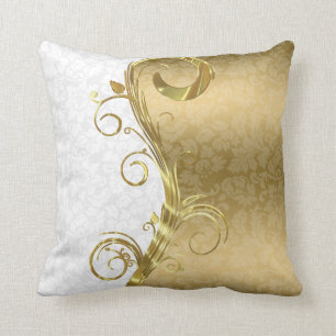 Elegant White Damasks Gold Swirls Throw Pillow