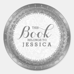 Elegant White Damasks & Silver Lace Frame Classic Round Sticker