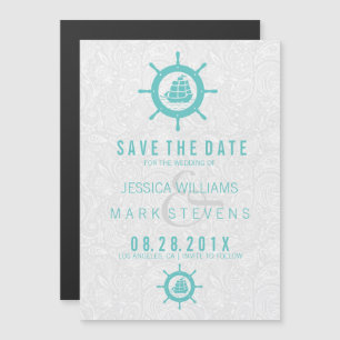 Elegant White Damasks & Teal Nautical Boat Wheel Magnetic Invitation