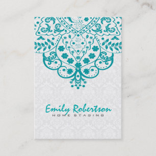 Elegant White Damasks Turquoise Vintage Lace Business Card