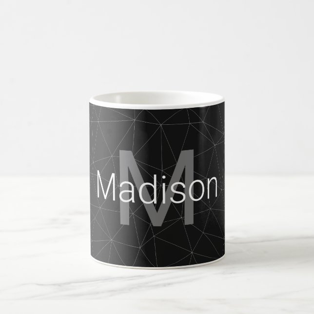 Elegant White Dark grey geometric mesh Monogram Coffee Mug (Center)