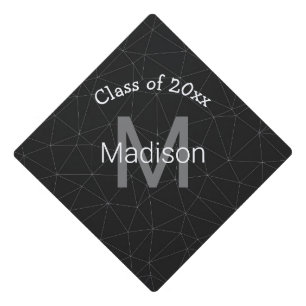 Elegant White Dark grey geometric mesh Monogram Graduation Cap Topper