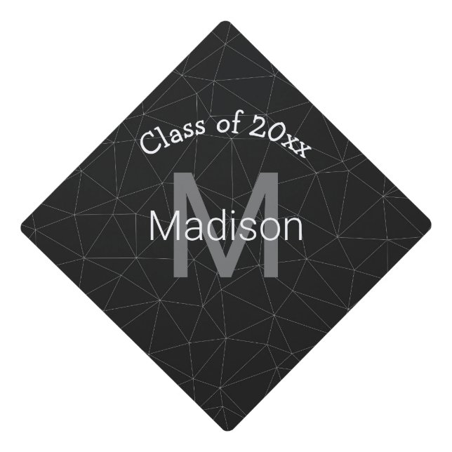 Elegant White Dark grey geometric mesh Monogram Graduation Cap Topper (Front)
